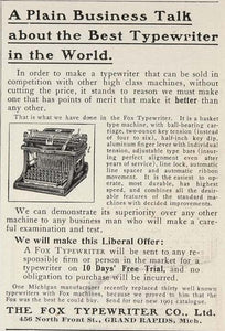 1903 Original Print Ad Fox Typewriter Co. Grand Rapids - ORIGINAL ADVERTISING