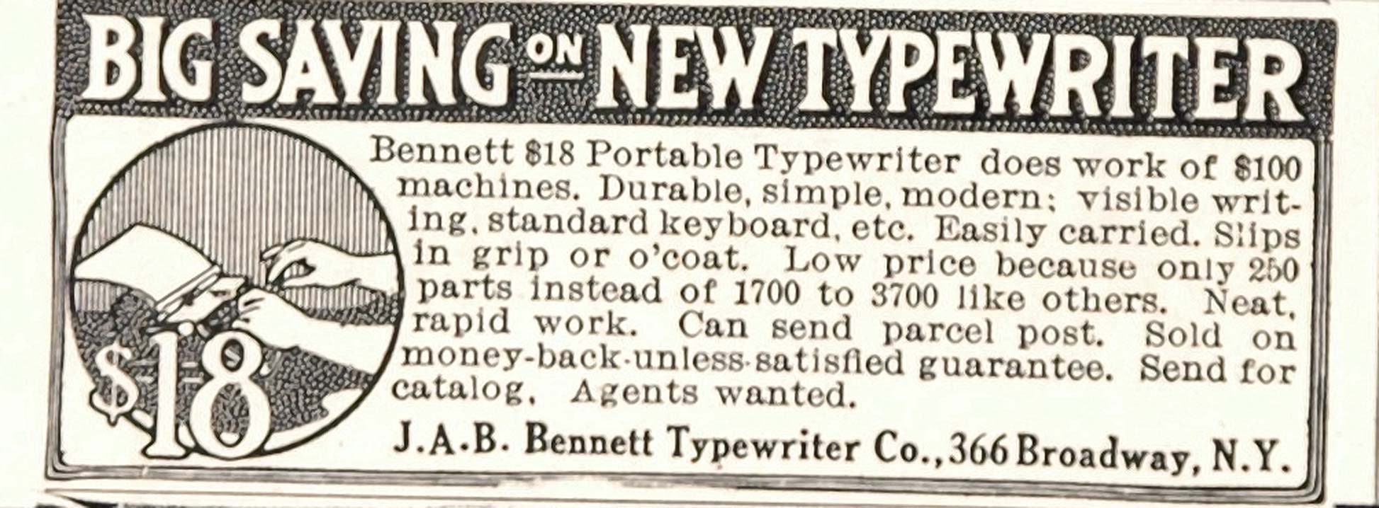 1913 Original Ad J. A. B. Bennett Portable Typewriter - ORIGINAL ADVERTISING