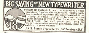 1913 Original Ad J. A. B. Bennett Portable Typewriter - ORIGINAL ADVERTISING