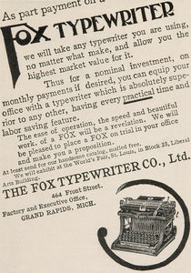 1904 Original Print Ad Fox Typewriter Co. Grand Rapids - ORIGINAL ADVERTISING