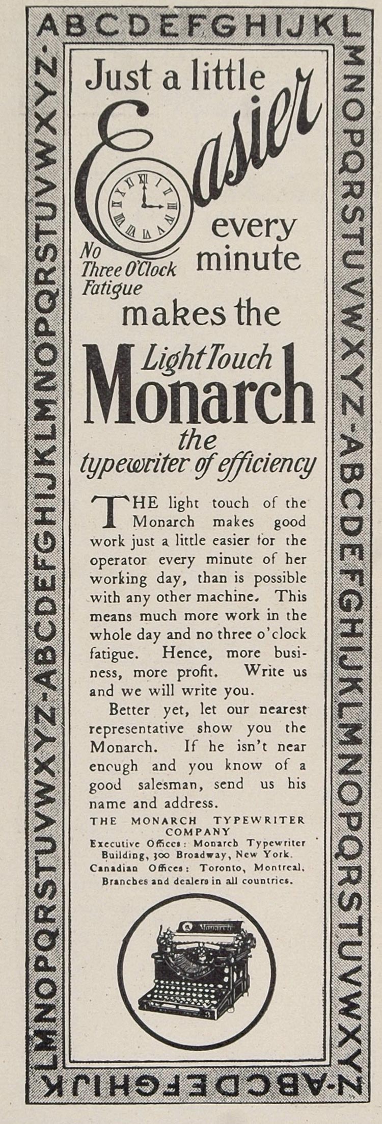 1911 Orig. Ad Light Touch Monarch Typewriter Alphabet - ORIGINAL ADVERTISING