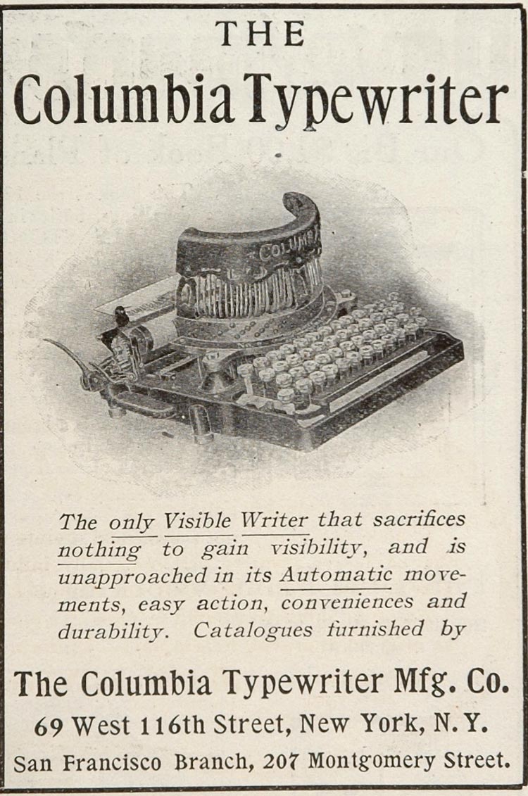 1905 Original Ad Columbia Typewriter Visible Writer - ORIGINAL ADVERTISING