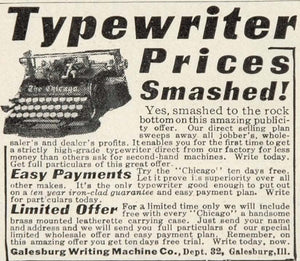 1913 Ad Galesburg Pricing Original Chicago Typewriter Writing Machine Office