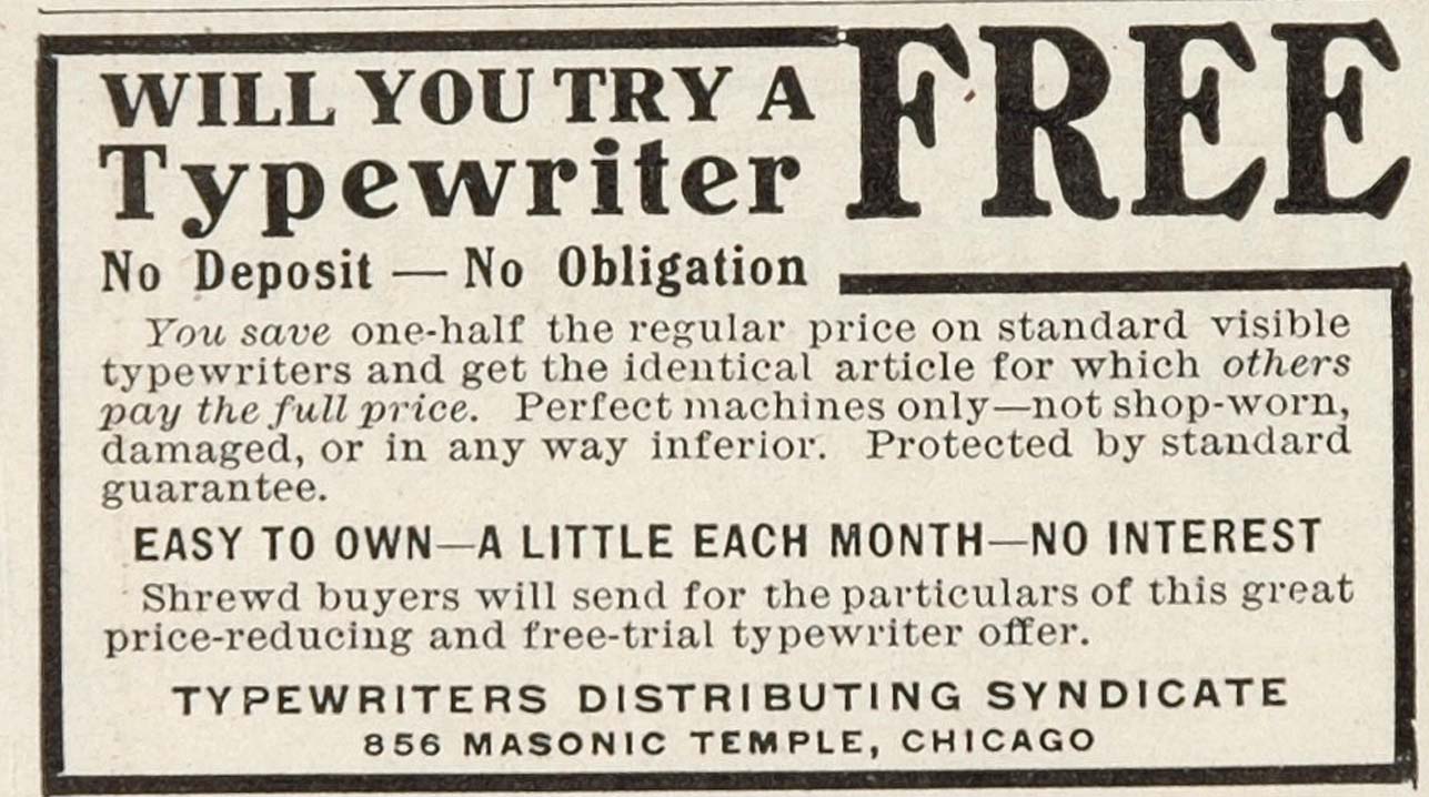 1910 Print Ad Typewriter Distributing Syndicate Chicago - ORIGINAL ADVERTISING