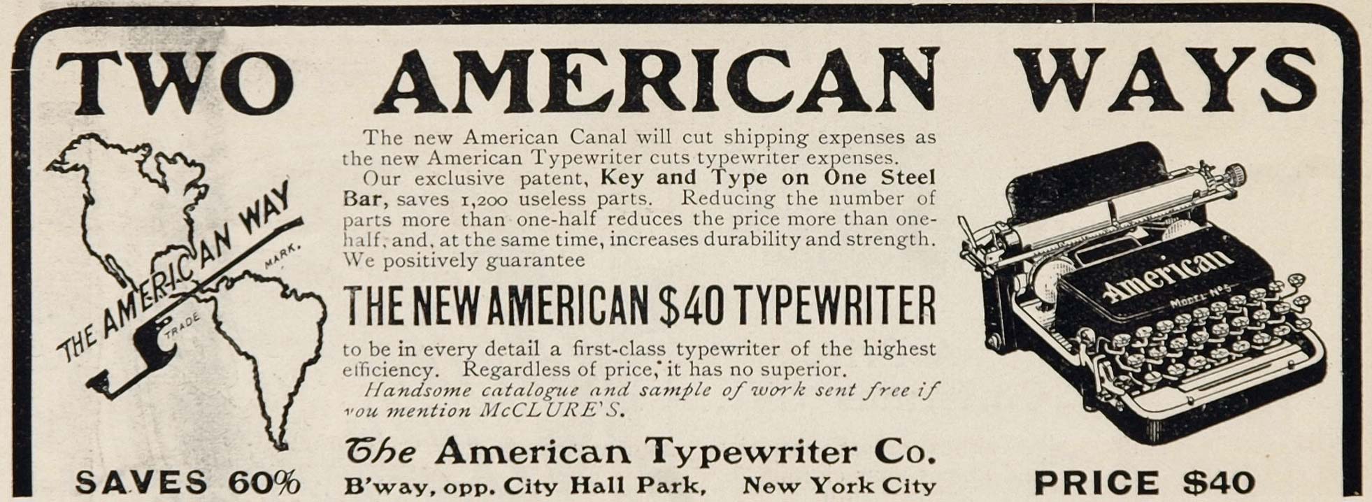 1901 ORIGINAL Ad American Typewriter Panama Canal RARE - ORIGINAL ADVERTISING