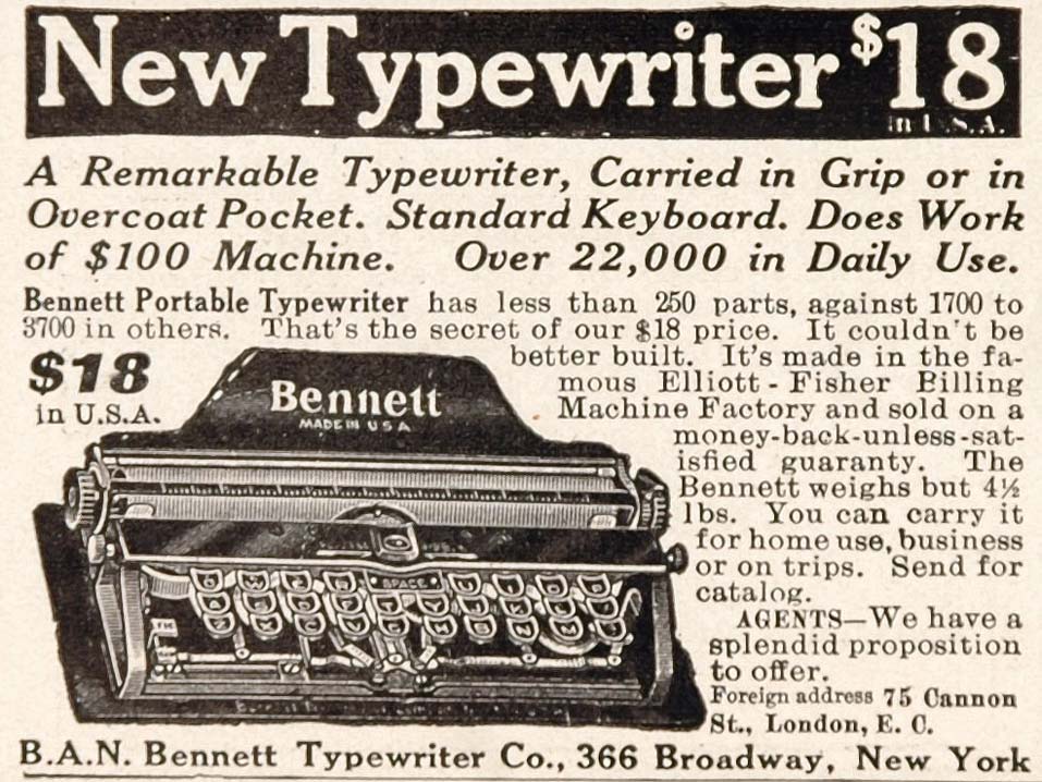 1912 Original Print Ad Bennett Portable Typewriter Co. - ORIGINAL ADVERTISING