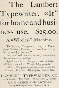 1904 Original Ad Lambert Portable Typewriter Company - ORIGINAL ADVERTISING
