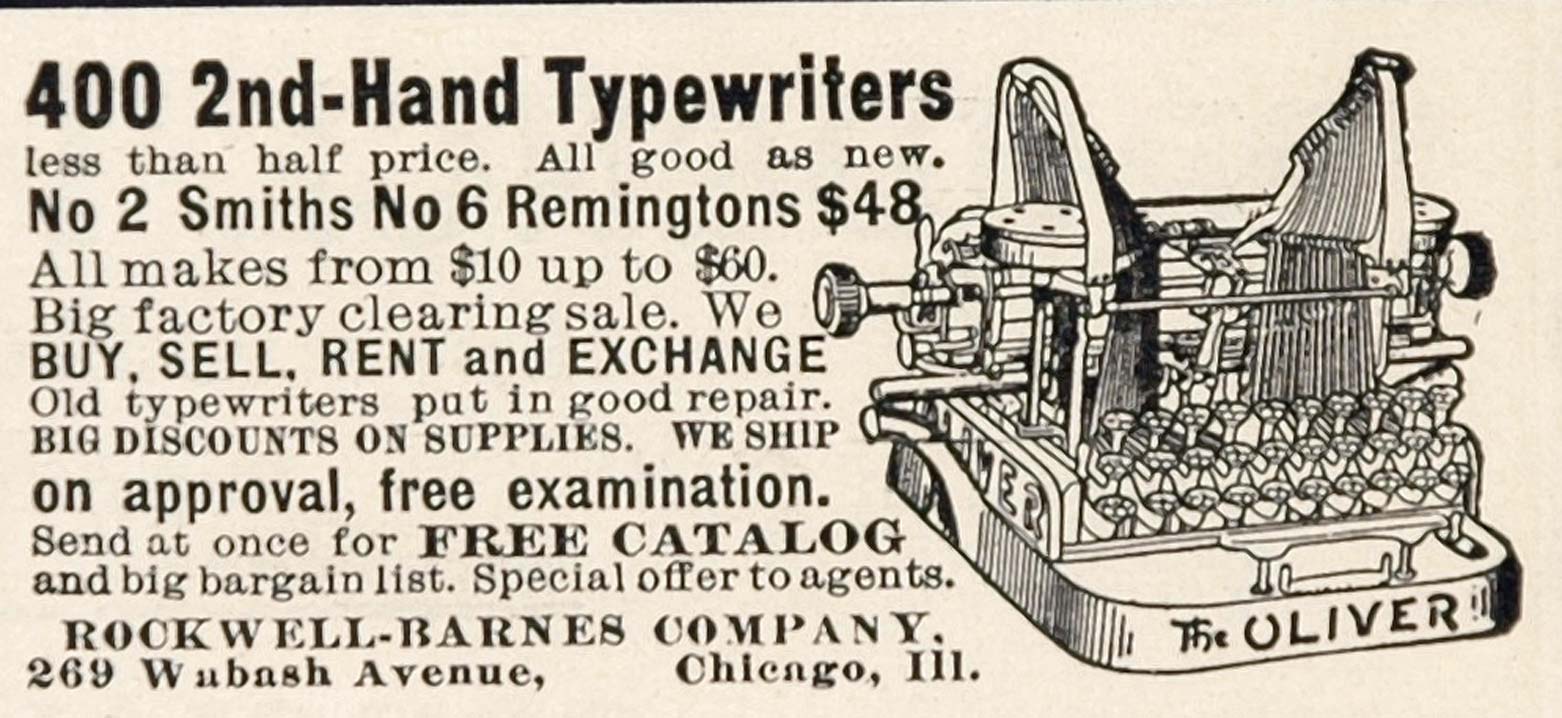 1904 Ad Rockwell Barnes Company Used Typewriters Oliver - ORIGINAL ADVERTISING