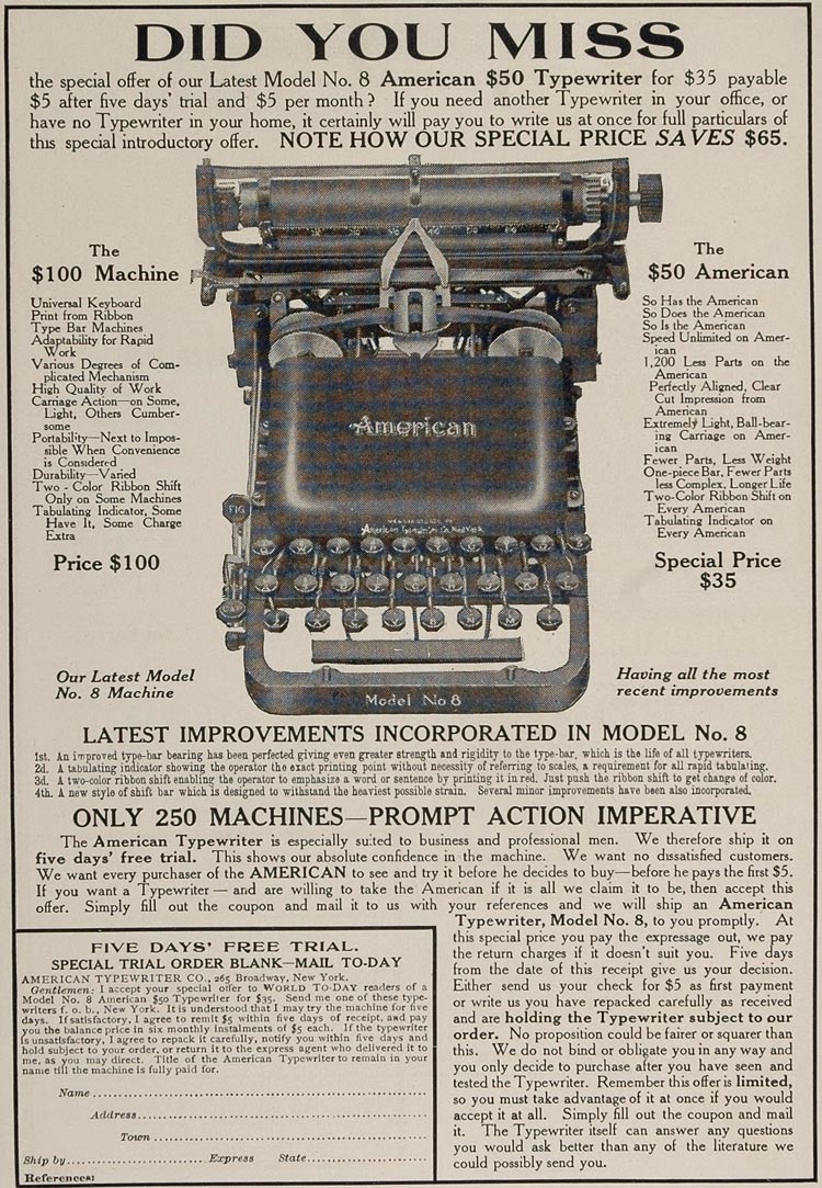 1909 Original Print Ad American Typewriter Model No. 8 - ORIGINAL ADVERTISING