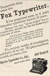 1904 Original Ad Fox Typewriter Grand Rapids Michigan - ORIGINAL ADVERTISING