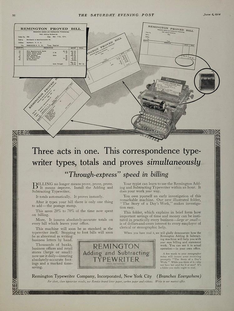 1914 Ad Remington Adding Subtracting Typewriter Billing - ORIGINAL TYPE