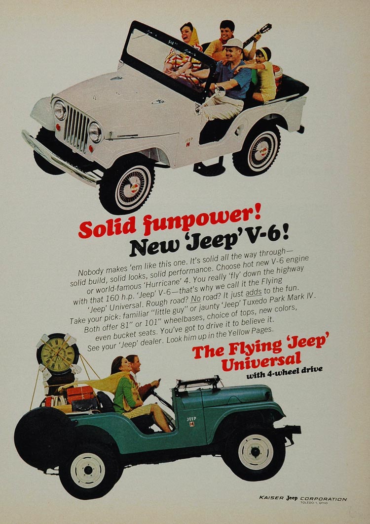 1966 Ad Kaiser Jeep V-6 Flying Universal Green White - ORIGINAL ADVERTISING