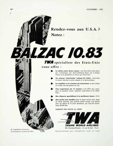 1957 Ad TWA Trans World Airlines Balzac 10.83 Telephone Receiver French VEN1