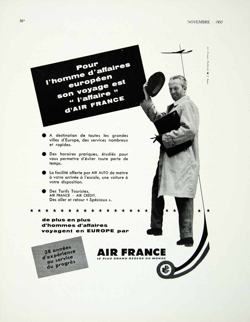1957 Ad Air France Airways Airline French Travel Businessman European VEN1
