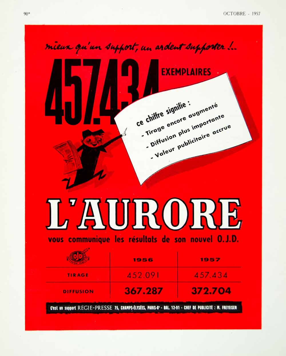 1957 Ad L'Aurore French Figures OLD Regie-Presse Red Circulation Readers VEN1