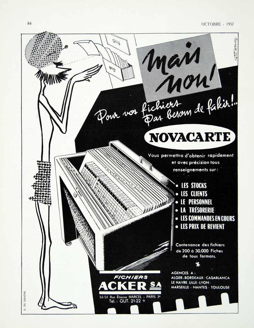 1957 Ad Novacarte Fichiers Acker Fakir French FIling System Cabinet Roller VEN1