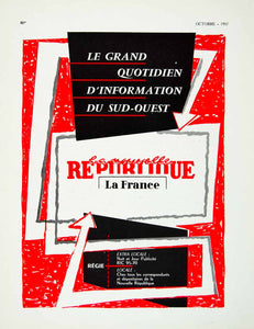 1957 Ad French La Republique Daily Newspaper Regie-Presse Vintage VEN1