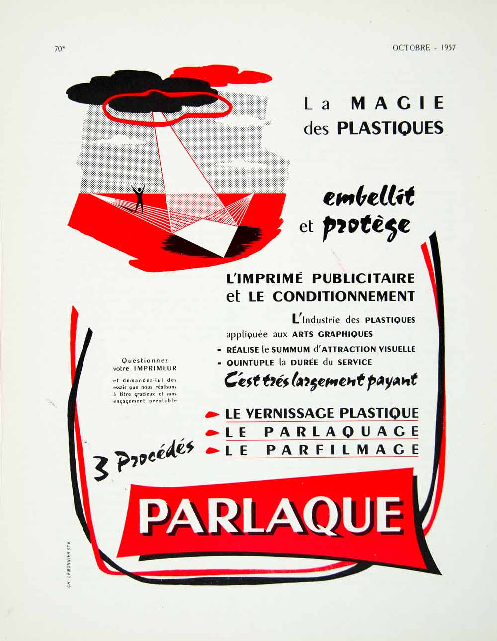 1957 Ad Parlaque Plastic French Parfilmage Parlaquage Wrapping UFO Beam VEN1