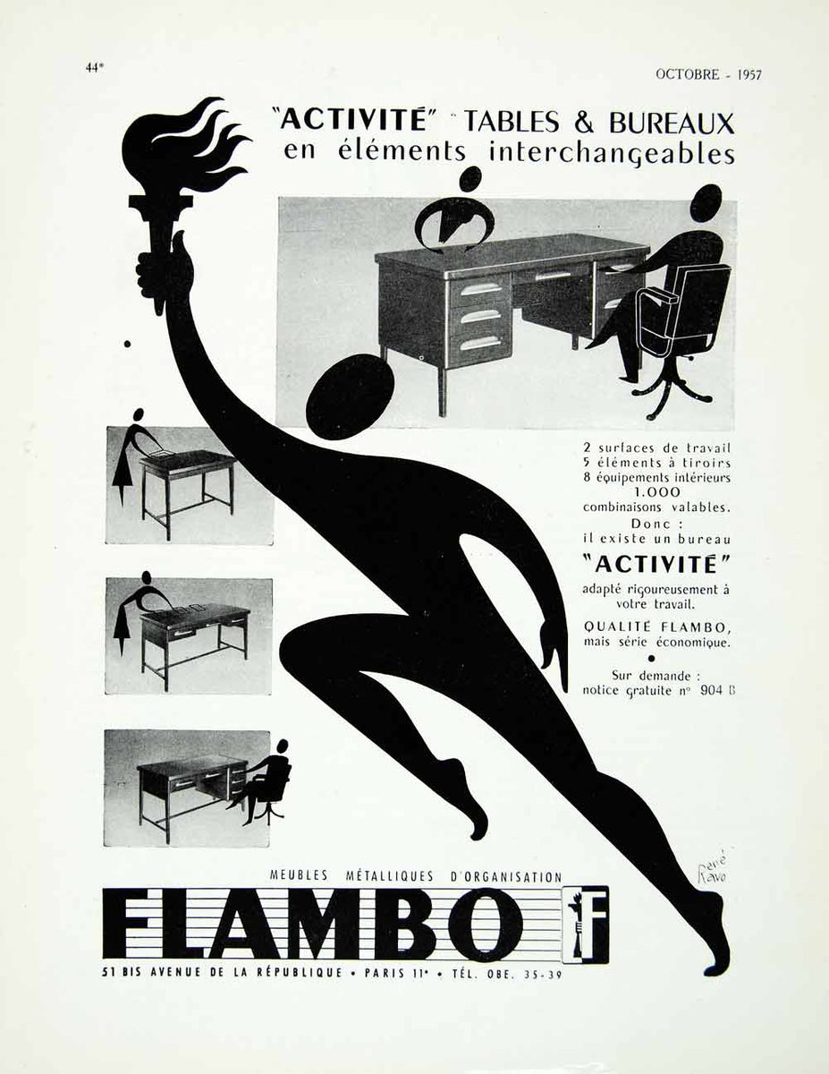 1957 Ad Rene Ravo Flamo Office Furniture Desk Metallic Runner Torch Ol ...