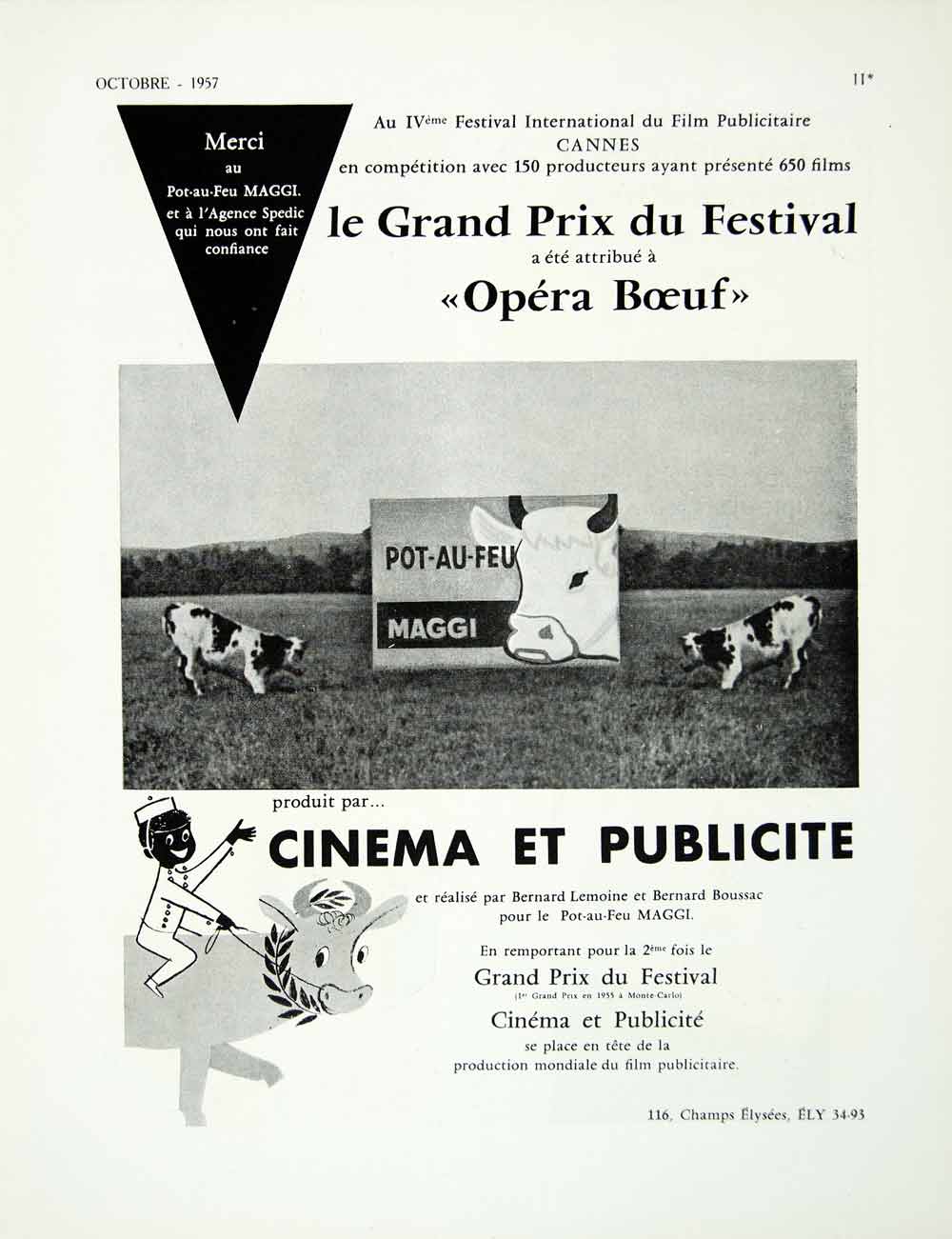 1957 Ad Cinema Publicite Opera Boeuf Grand Prix Festival MAGGI Spedic Pot VEN1