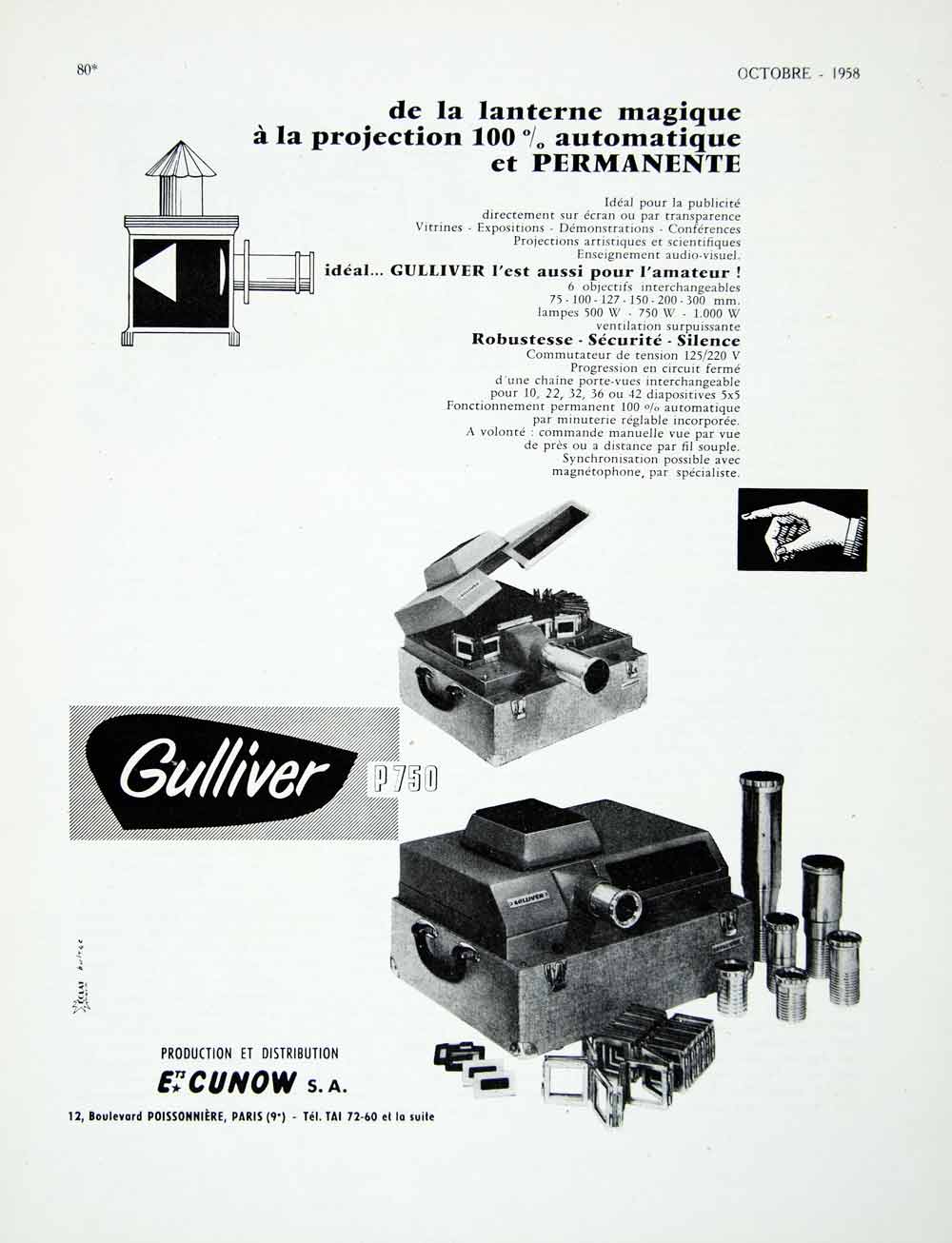 1958 Ad Magic Lantern Projector Gulliver Cunow P750 Slides Fifties VEN1