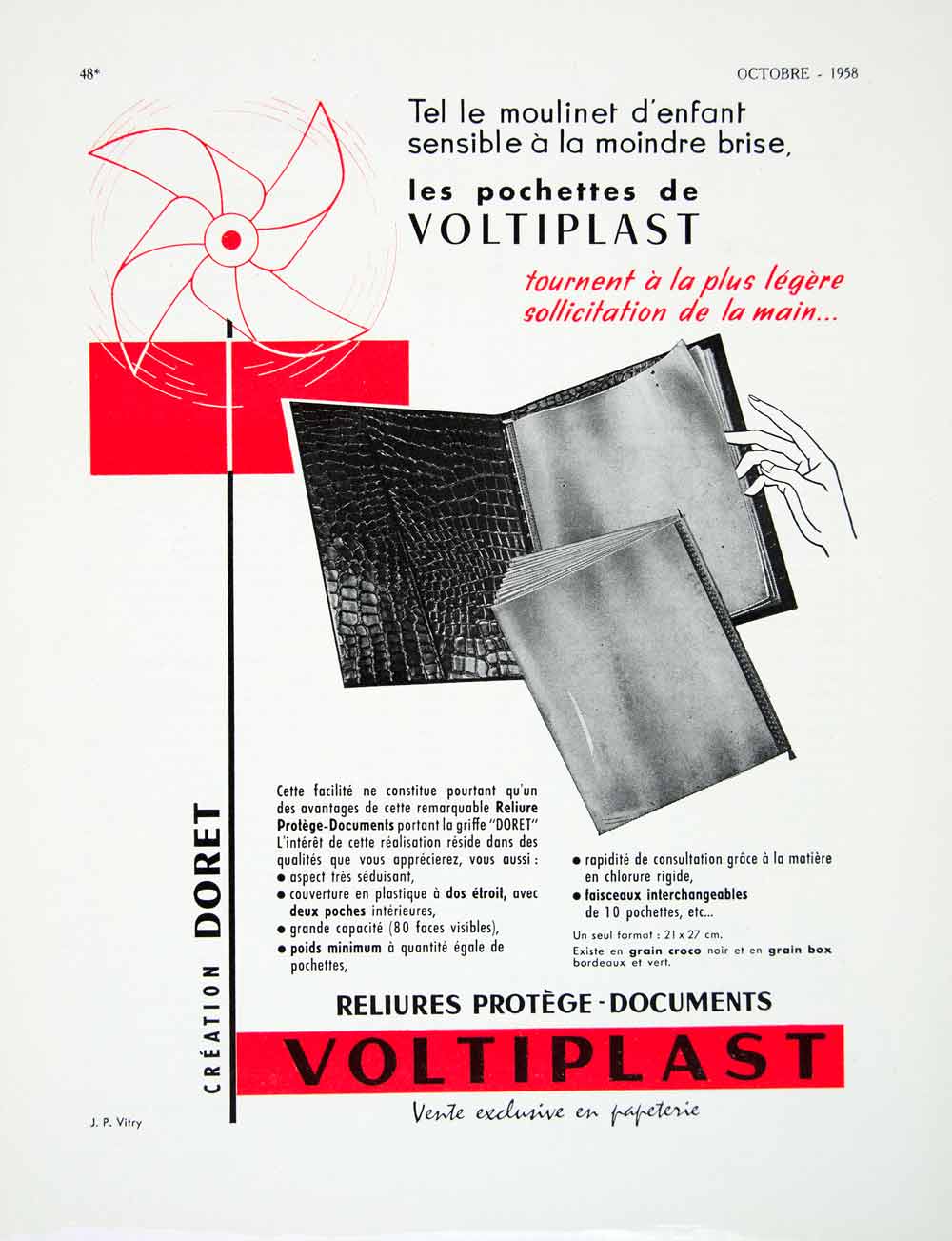 1958 Ad Voltiplast Clear Plastic Protector Sheet Binder Pinwheel Stationary VEN1