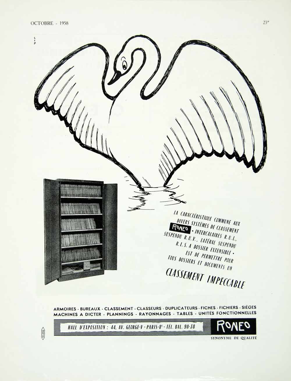 1958 Ad Roneo Swan Filing Cabinet Bird French Office Furniture Files VEN1