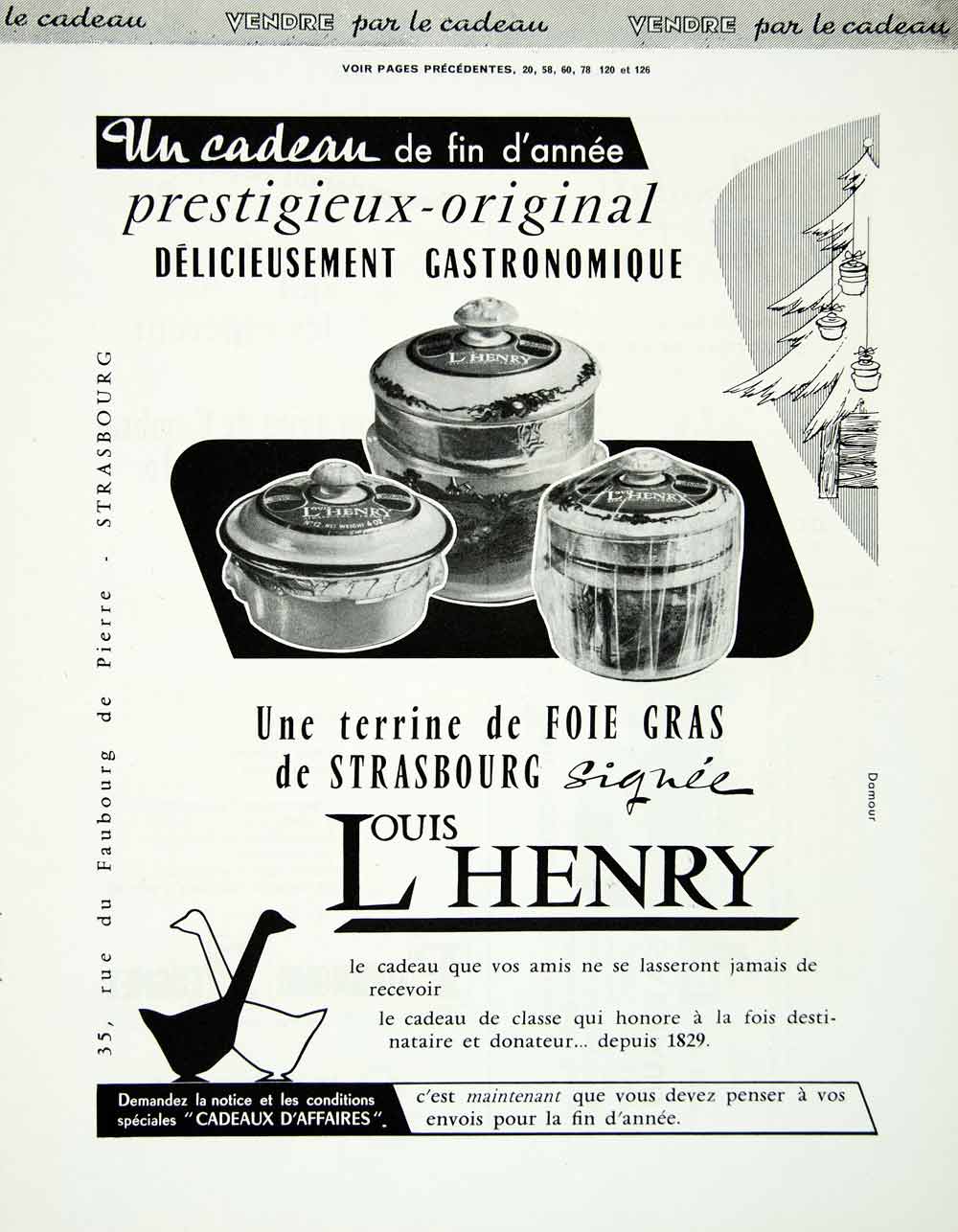 1958 Ad Louis Henry Foie Gras Strasbourg Christmas Gift Present French Jar VEN1
