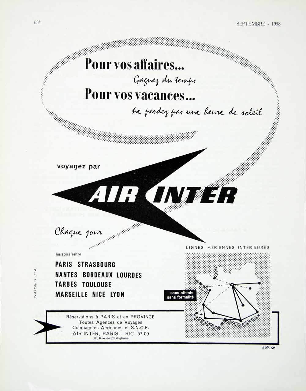 1958 Ad Air Inter Domestic French Travel Fifties Transportation France VEN1
