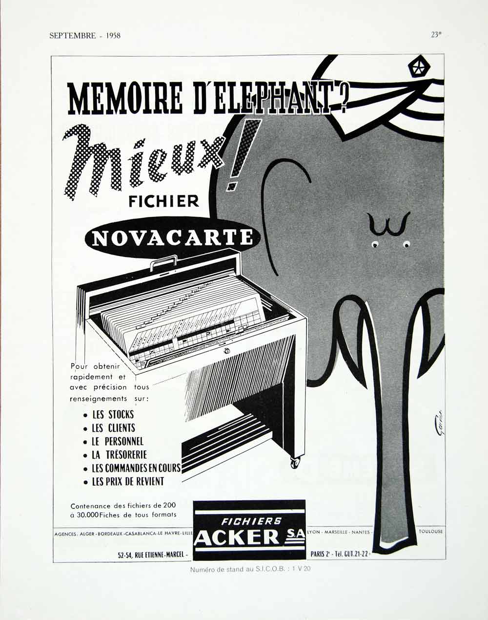 1958 Ad Elephant Fichier Novacart Acker Filing Cabinet Files Organization VEN1