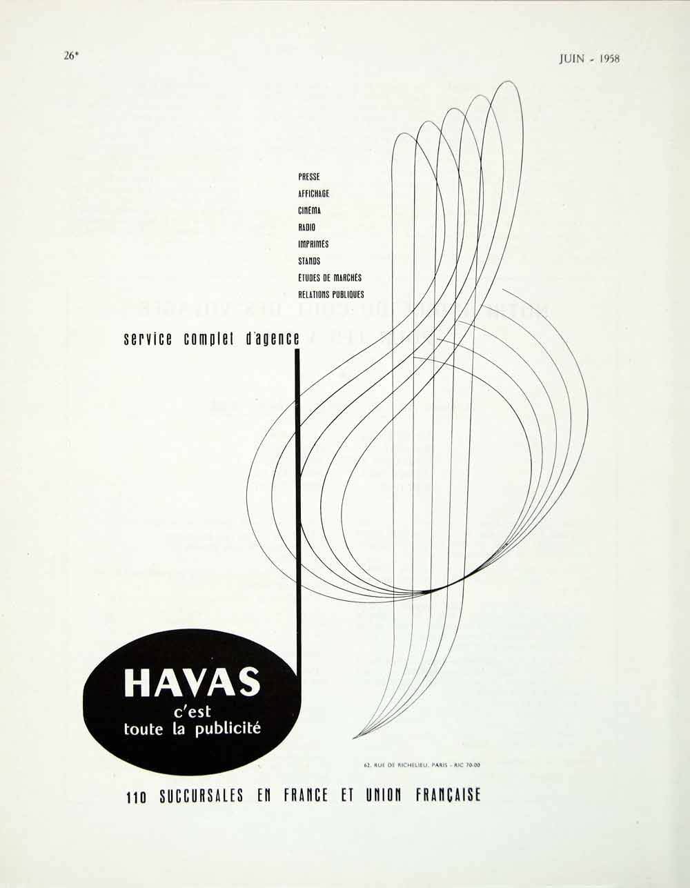 1958 Ad Havas Treble Clef Note French Advertising Firm Agency Music VEN1