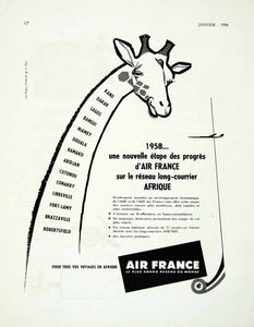 1958 Ad Giraffe Air France Travel Brazzaville Lagos Kano Dakar Niamey VEN1