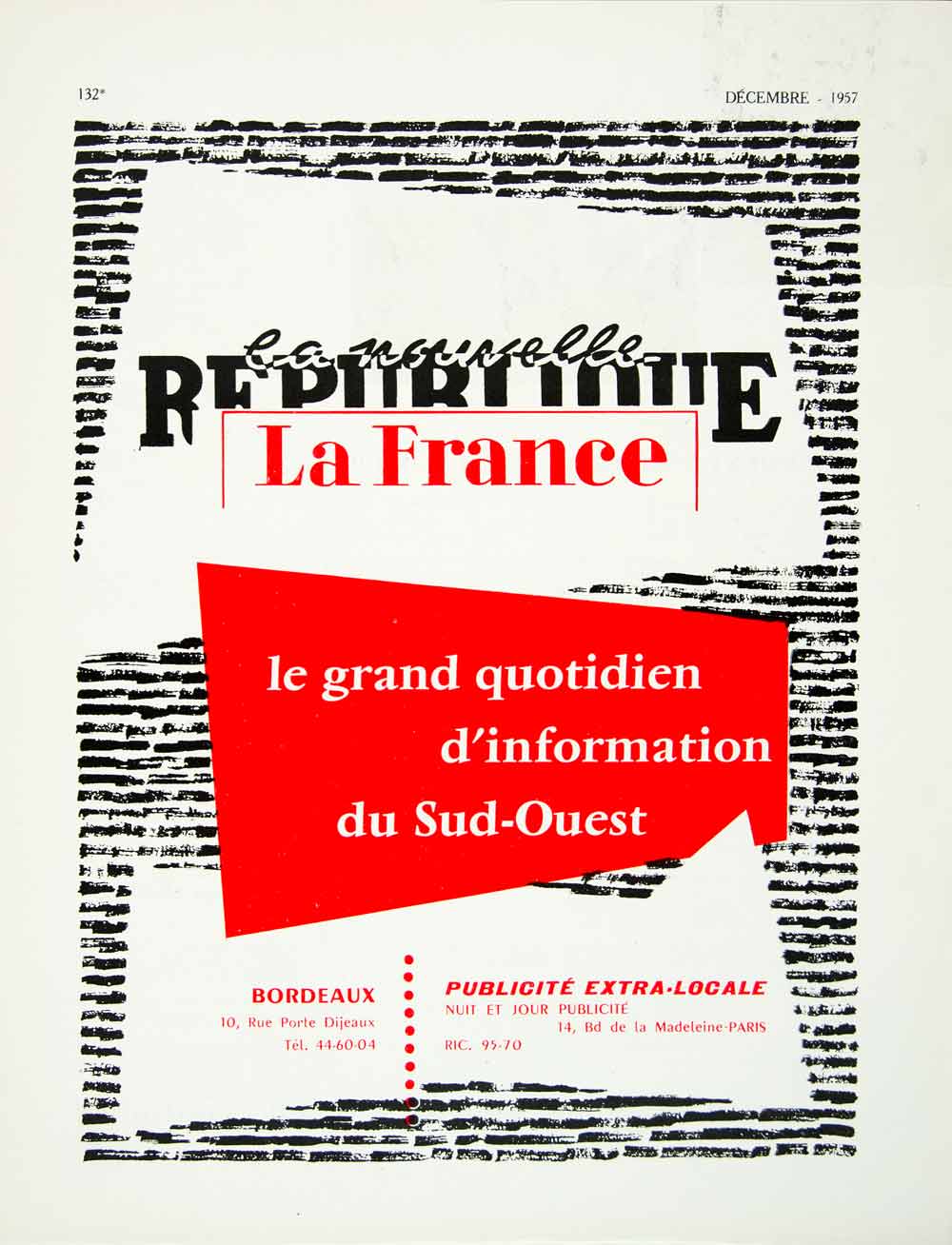 1957 Ad La Nouvelle Republique French Vintage Fifties Advertisement Red VEN1