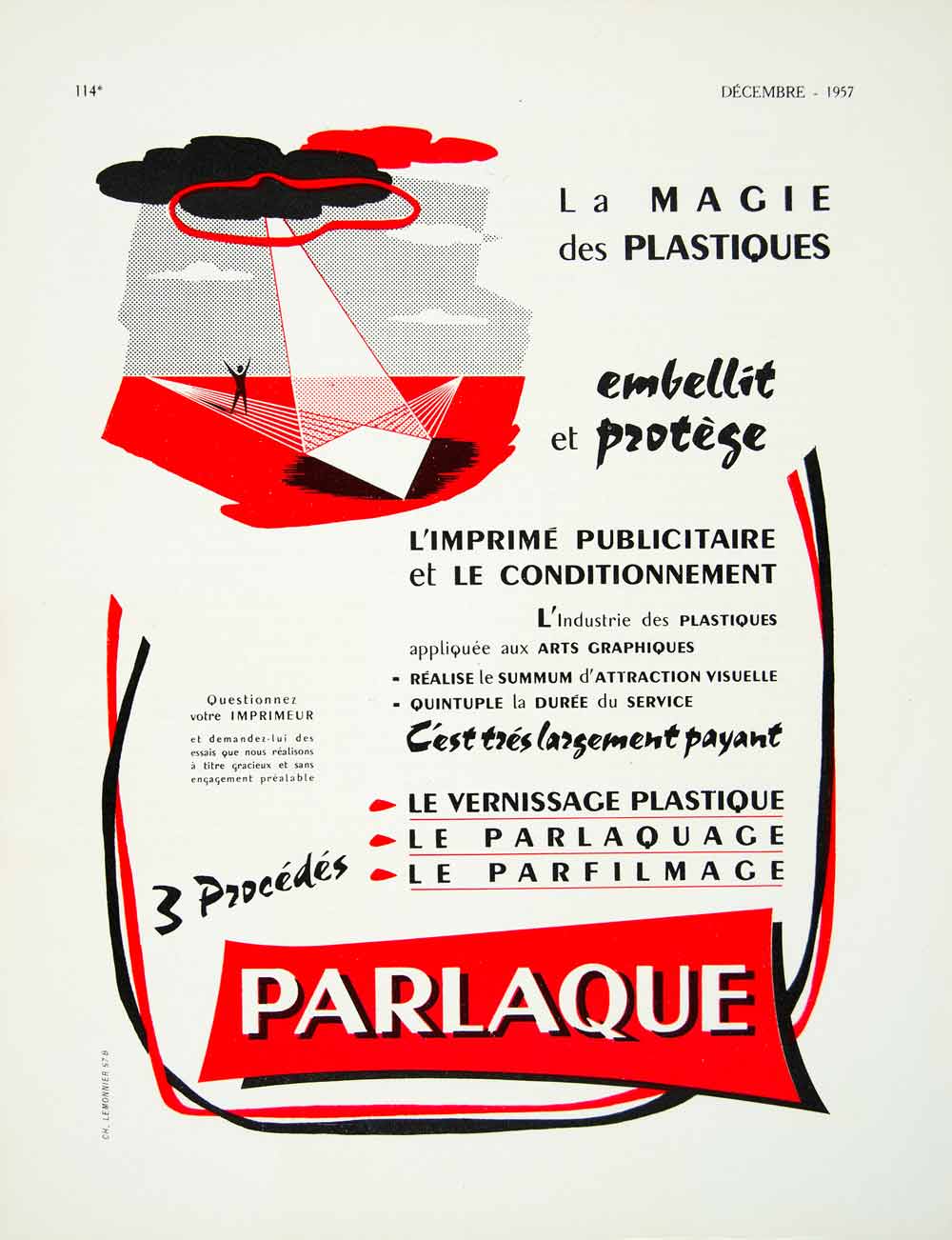 1957 Ad Parlaque Plastic Varnish Parfilmage French Vintage Red Black Alien VEN1