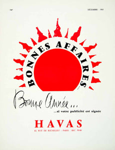1957 Ad HAVAS Bonne Annee Sun French Advertising Agency Red Orb Beams New VEN1