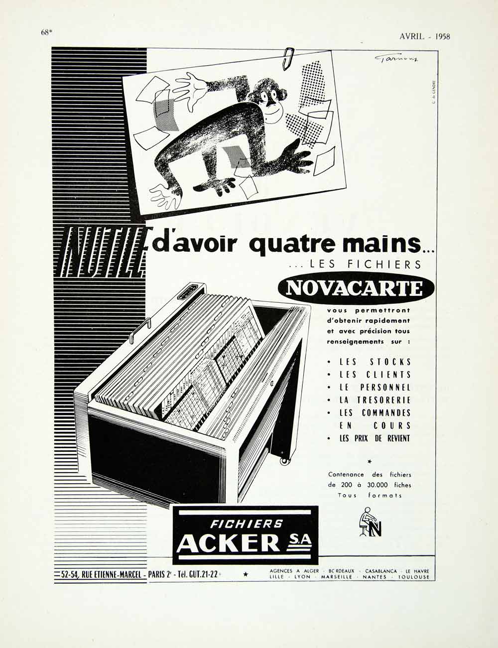 1958 Ad Acker Novacarte Monkey French Filing System Office Organizational VEN1