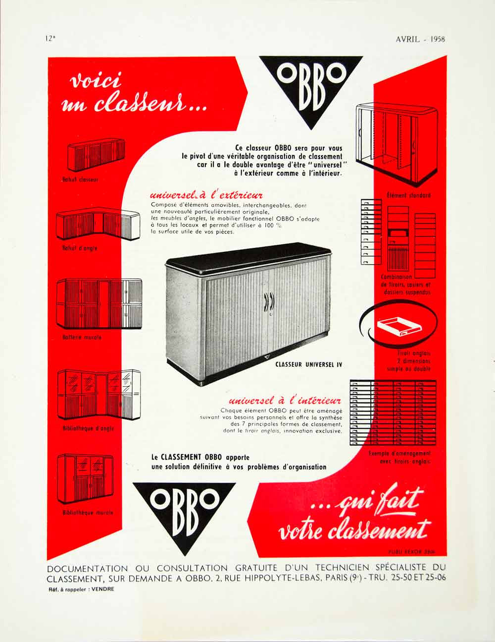 1958 Ad Obbo Filing Cabinet French Office Furniture Drawer Storage VEN1