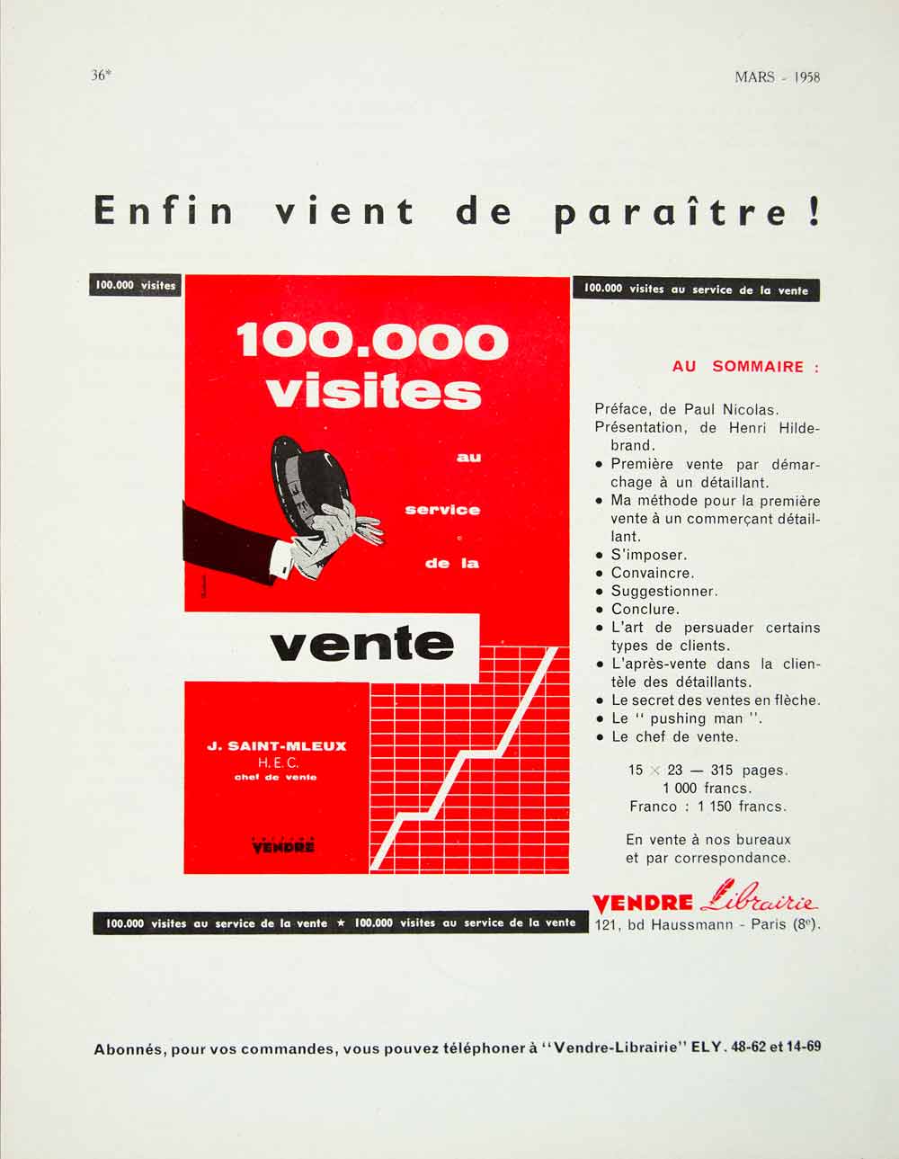 1958 Ad 100,000 Visites Vendre Librairie J. Saint-Mleaux Henri Hildebrand VEN1