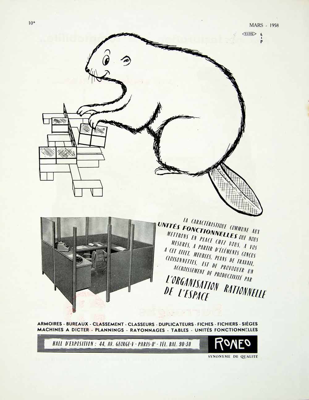 1958 Ad Roneo Office Funiture Beaver Cubicle Space Saver French Fifties VEN1