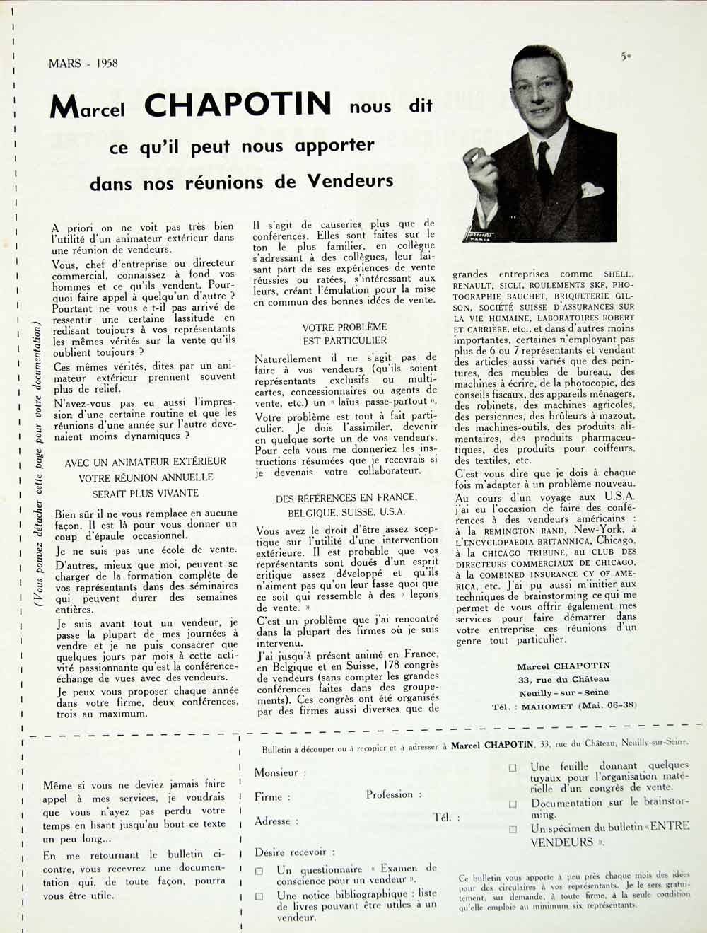 1958 Ad Marcel Chapotin Remington Chicaco Tribune French Advertisement VEN1