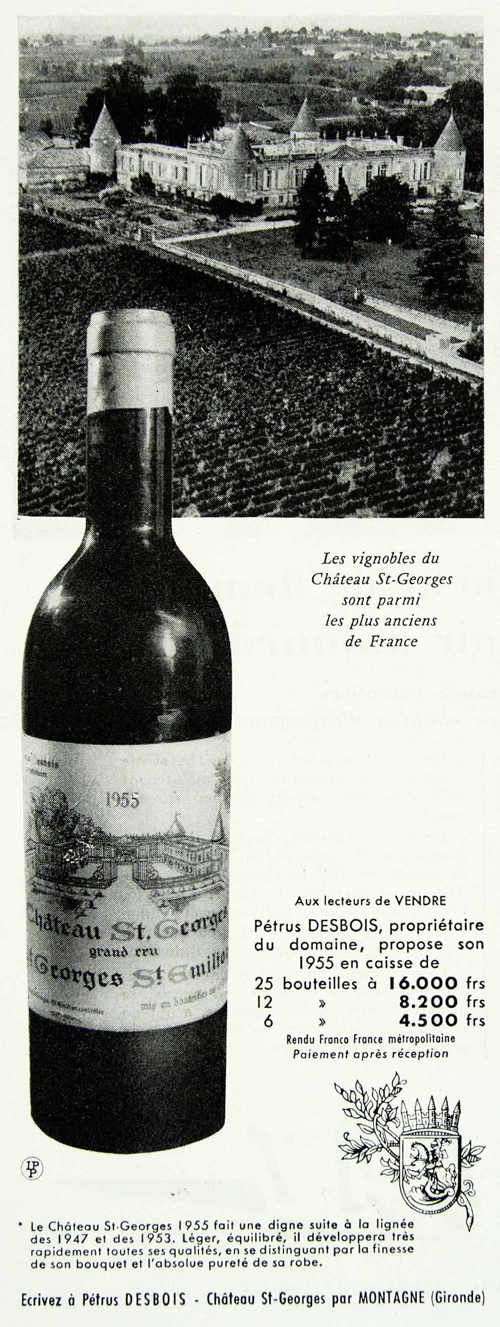 1958 Ad Chateau St-Georges Wine Bottle Castle Petrus Desbois Vineyard Vin VEN1