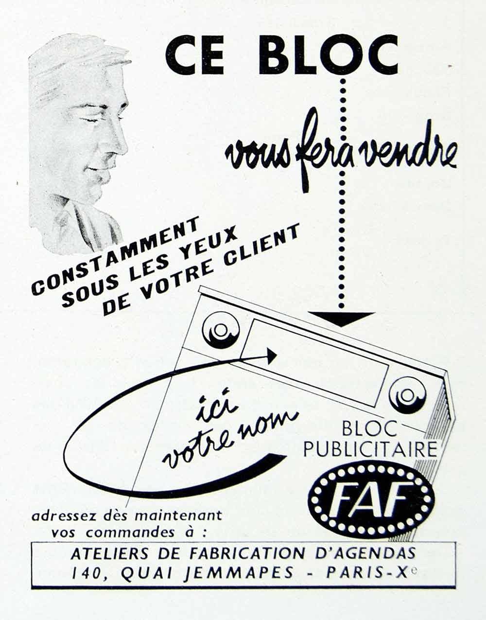 1958 Ad FAF Notepad Block French Advertising Ateliers Fabrication D'Agenda VEN1