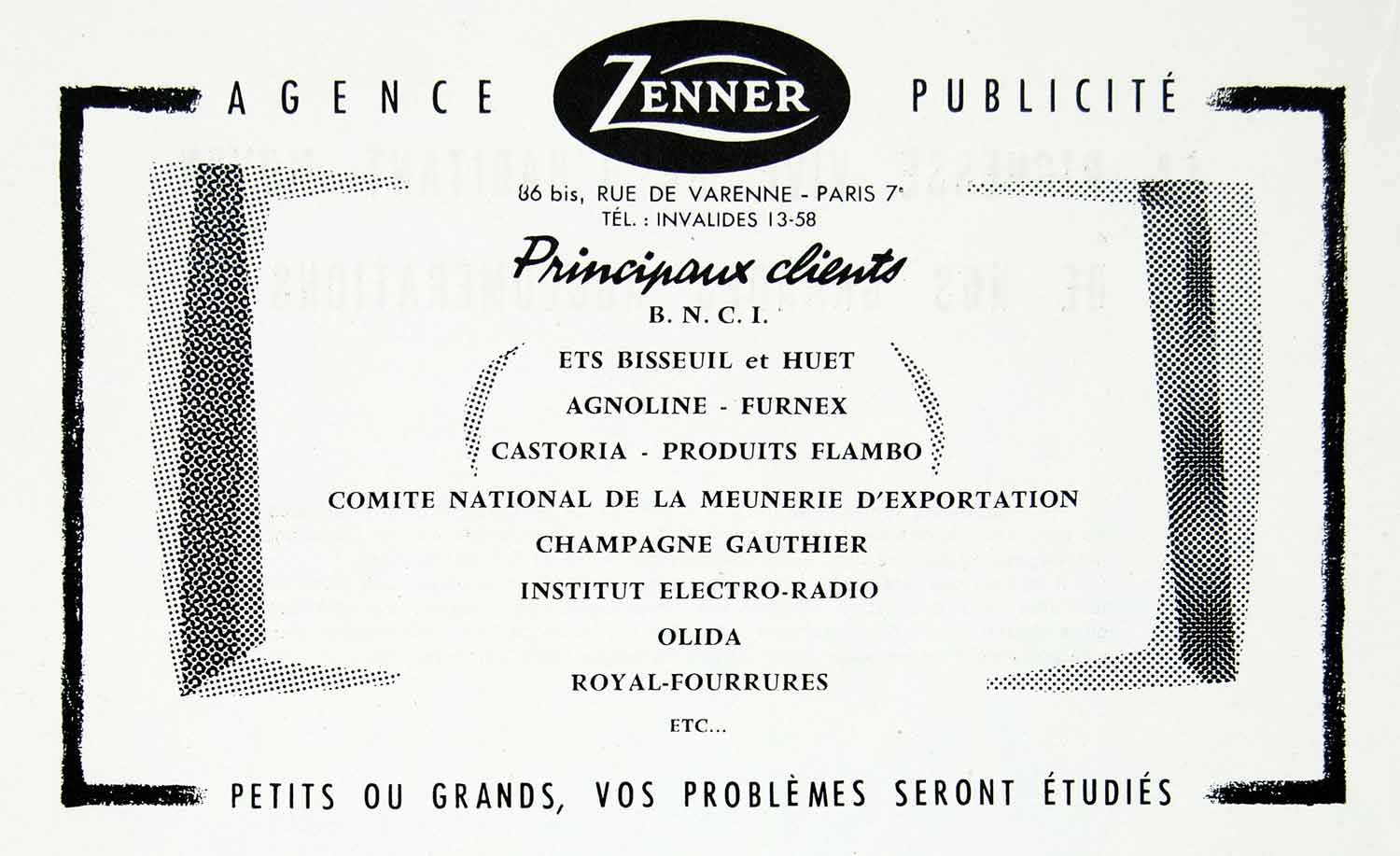 1958 Ad Zenner Advertising Agency BNCI Castoria Champagne Gauthier Olida VEN1