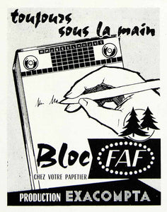 1957 Ad Exacompta Bloc FAF Notepad Writing Hand Block Notes French VEN1