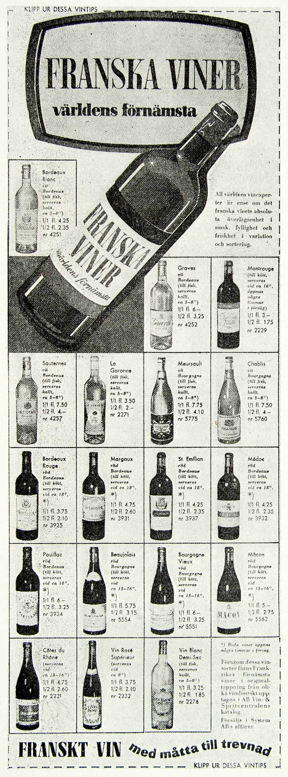 1957 Ad Franska Viner Wine Bottle French Alcohol Burgundy Bordeaux Rose VEN1