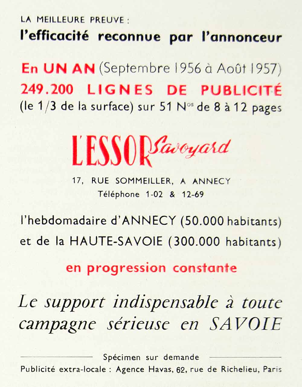 1957 Ad L'Essor Savoyard 17 Sommeiller French Advertising Annecy Haute VEN1