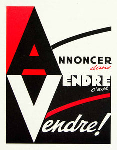 1957 Ad Bold Graphic French Annoncer Vendre Advertising Black Red Retro VEN1