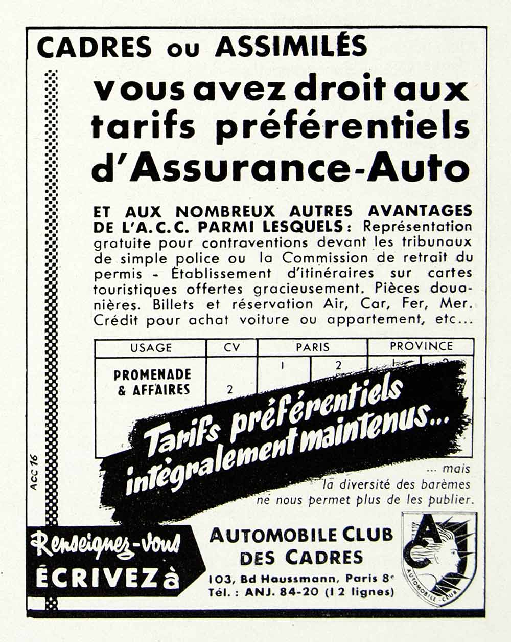 1958 Ad Automobiles Club Des Cadres Car Insurance Assurance-Auto French VEN1