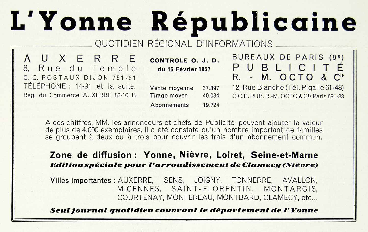 1957 Ad L'Yonne Republicaine French Circulation Figures Fifties Vintage VEN1