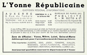 1957 Ad L'Yonne Republicaine French Circulation Figures Fifties Vintage VEN1